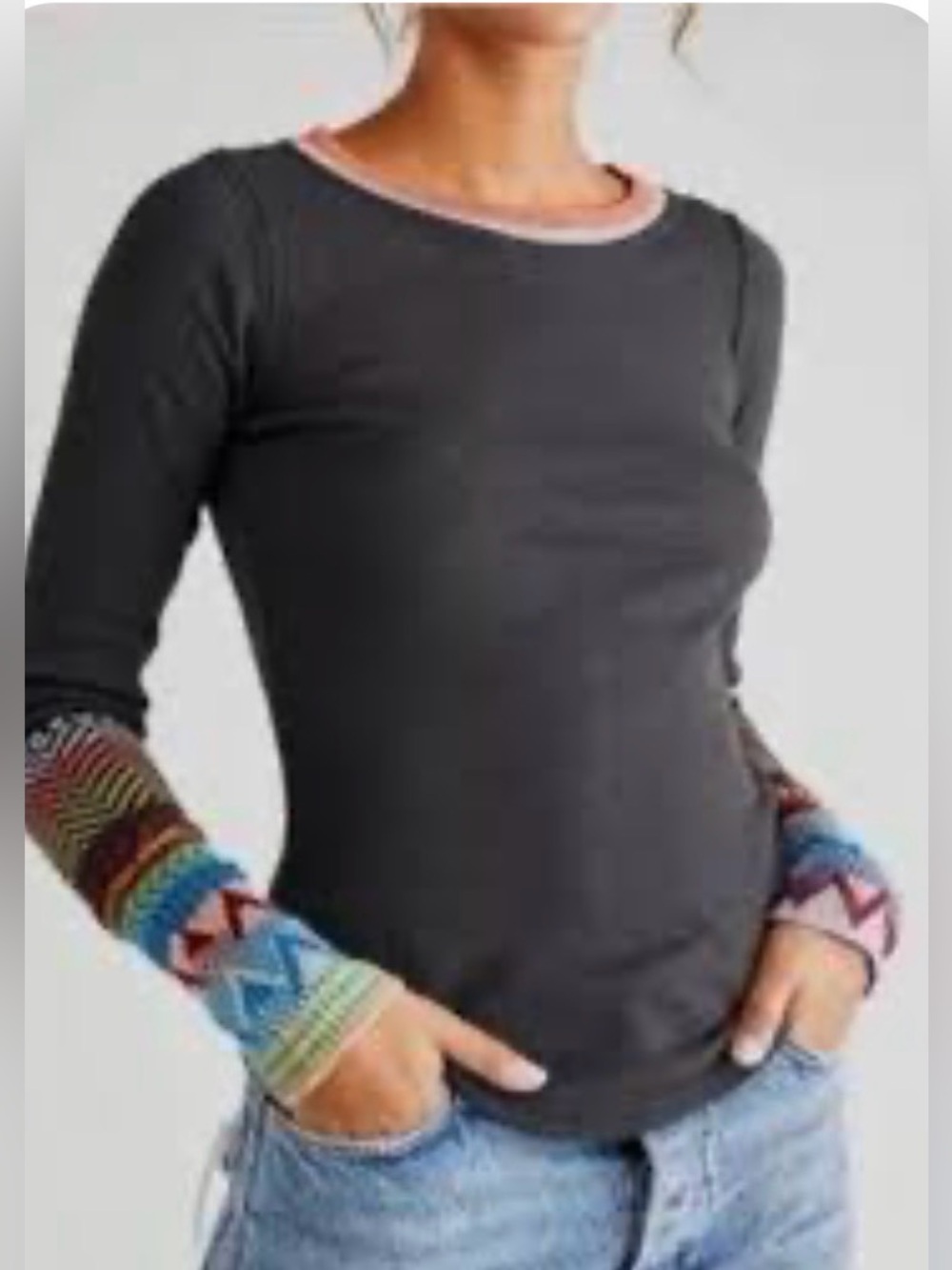 Free People All In Cuff Thermal Mixed-Media Patterned Long Sleeve Top